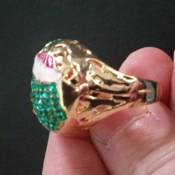 Goldstone Enamel Lotus Rhinestone Ring Sz 9 - Picture 4 of 6